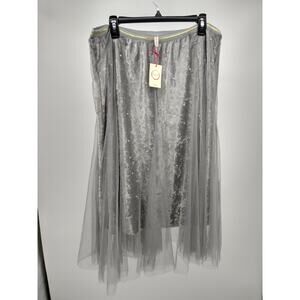 Anthropologie Raga Skirt Plus 1X Velvet Tulle Overlay Pearl Detail Midi Gray NWT